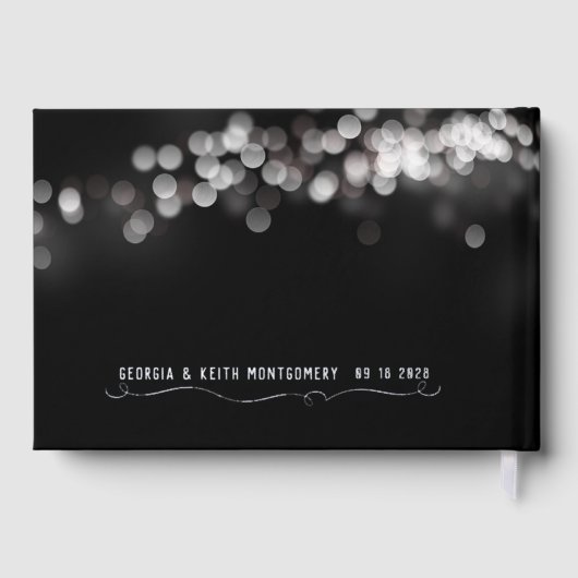 Bokeh Lights Black Silver Script Elegante Hochzeit Gästebuch (Rückseite)