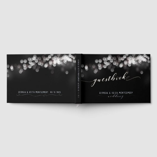 Bokeh Lights Black Silver Script Elegante Hochzeit Gästebuch (Voll)