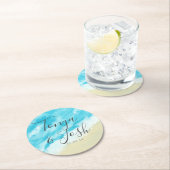 Bokeh Lights Moderne Wasserfarbenstrand Hochzeit Runder Pappuntersetzer (Vor Ort)