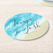 Bokeh Lights Moderne Wasserfarbenstrand Hochzeit Runder Pappuntersetzer (Angewinkelt)