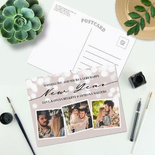 Bokeh Lights   New Year 3 Photo Collage Feiertagspostkarte