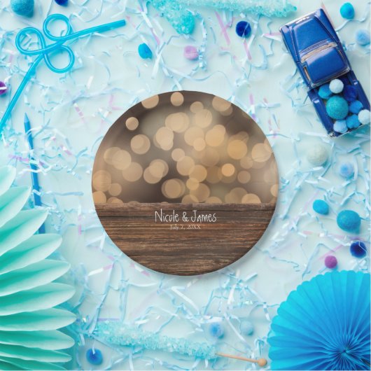 Bokeh Lights & Wood Rustic Sparkle Wedding Pappteller (Party)