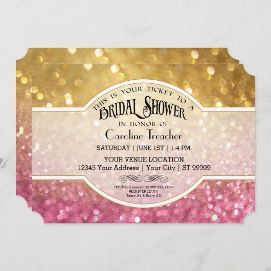 Bokeh Movie Premier Ticket Style Gold Pink Sparkon Einladung (Vorne/Hinten)