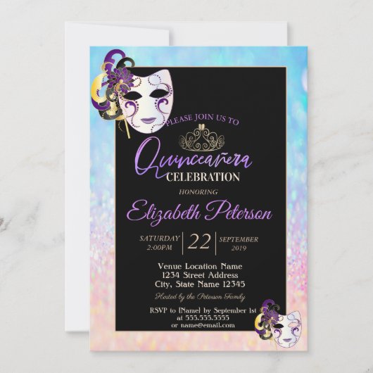 Bokeh OmbreTiara, Masquerade Quinceañera Einladung (Vorderseite)