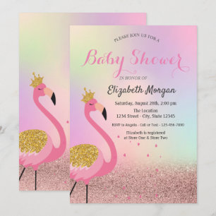 Bokeh, Pink Flamingo Holographic Baby Shower Einladung