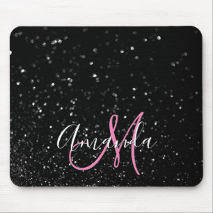 Bokeh Schwarzer Glitter Rosa und Weiß Monogramm Mousepad