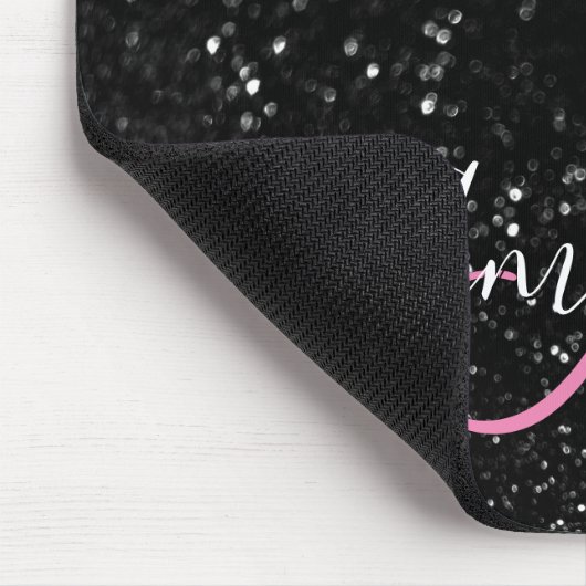 Bokeh Schwarzer Glitzer Rosa und Weiße Monogramm Mousepad (Ecke)