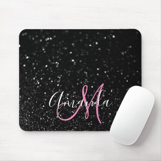 Bokeh Schwarzer Glitzer Rosa und Weiße Monogramm Mousepad (Mit Mouse)