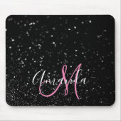Bokeh Schwarzer Glitzer Rosa und Weiße Monogramm Mousepad (Vorne)