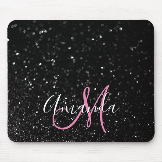 Bokeh Schwarzer Glitzer Rosa und Weiße Monogramm Mousepad (Vorne)