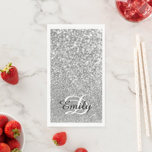 Bokeh Silver Glitzer Personalisiert Monogram Serviette (Beispiel)