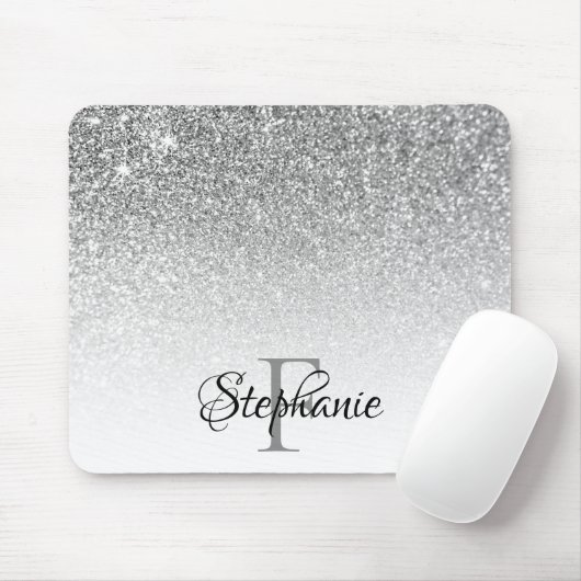 Bokeh Silver Gray Glitzer White Ombre Monogram Mousepad (Mit Mouse)
