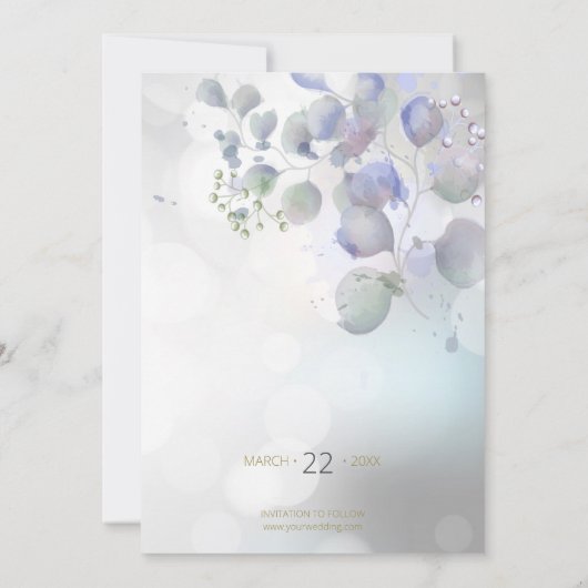 Bokeh und Lilac Mint Eukalyptus Save the Date Einladung (Rückseite)