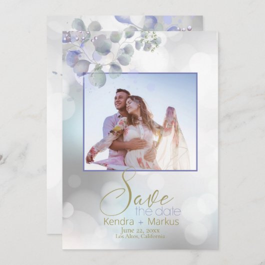 Bokeh und Lilac Mint Eukalyptus Save the Date Einladung (Vorne/Hinten)