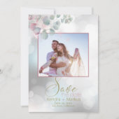 Bokeh und Rose Laurel Eukalyptus Save the Date Einladung (Vorderseite)