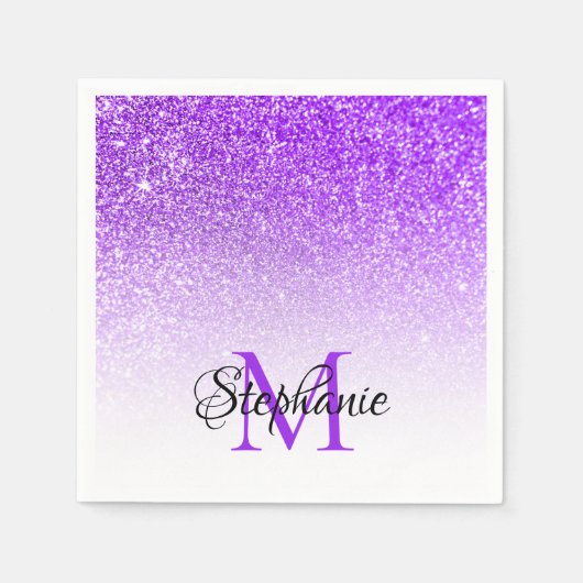 Bokeh Violet Glitzer White Ombre Monogram Serviette (Vorderseite)