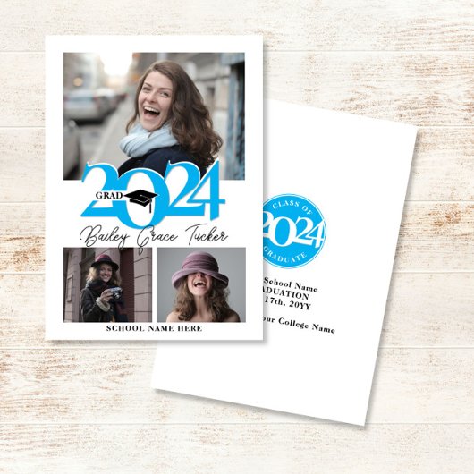 Bold 2024 GRAD Cap 3-Foto Sky Blue Abschluss Ankündigung