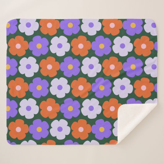 Bold 70er Retro Blume Muster Lila Grün gemütlich Sherpadecke (Vorderseite (Horizontal))