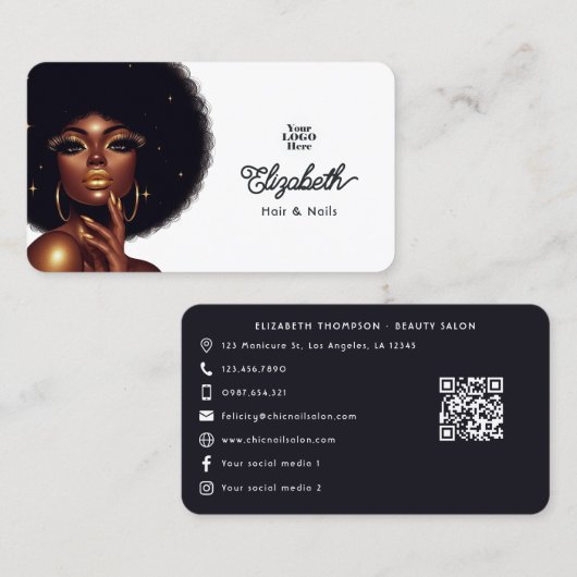 Bold Afro Glam Beauty Salon Business Branding Visitenkarte (Vorne/Hinten)