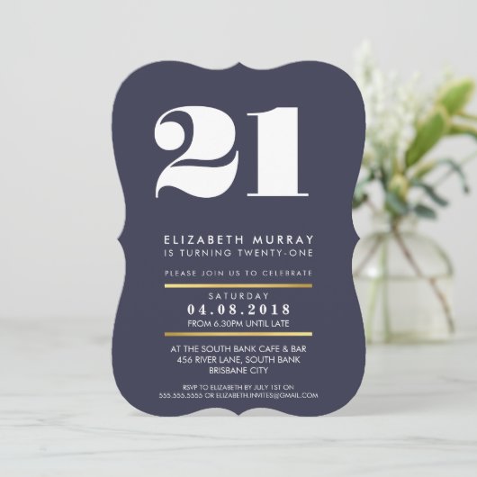 BOLD AGE NUMBER minimal marine white 21. INVITE Einladung (Stehend Vorderseite)