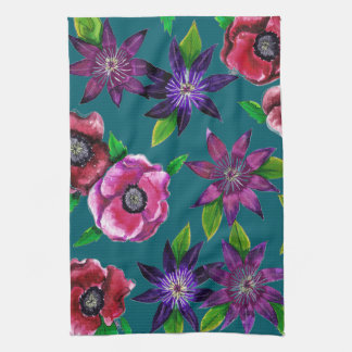 Bold Anemone & Clematis Watercolor Kitchen Towel Geschirrtuch