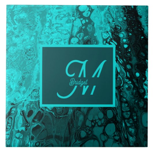 Bold Aqua Aquamarin Marble Monogram Fliese (Vorderseite)