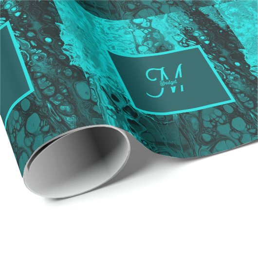Bold Aqua Aquamarin Marble Monogram Geschenkpapier (Rolleneckpunkt)