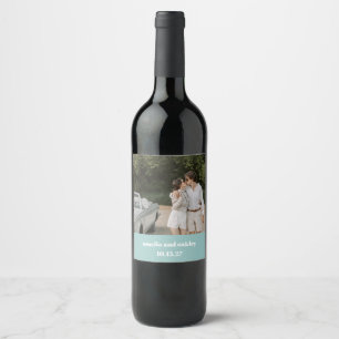 Bold Aqua Blue Retro Custom Wedding Foto Weinetikett