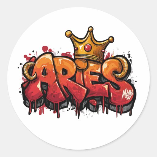Bold Aries Zodiac Graffiti Airbrush mit Crown Runder Aufkleber (Vorderseite)