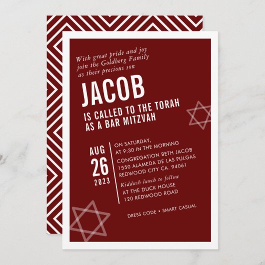 BOLD BAR MITZVAH, schlicht, modern, weiß Einladung (Vorne/Hinten)