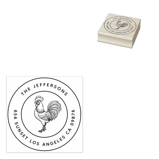 Bold Barnyard Chic Rooster Family Address Gummistempel (Stempel)