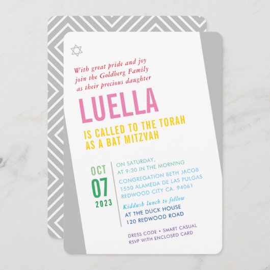 BOLD BAT MITZVAH hell modern schräg farbig Einladung (Vorne/Hinten)