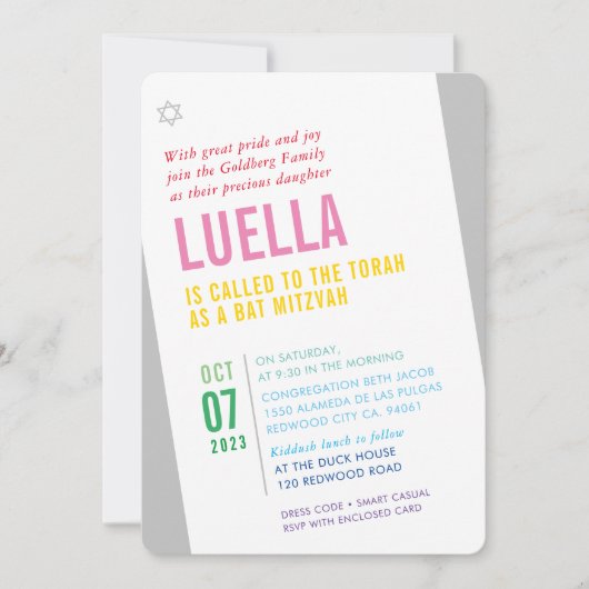 BOLD BAT MITZVAH hell modern schräg farbig Einladung (Vorderseite)