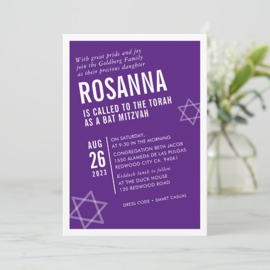 BOLD BAT MITZVAH lila Einladung (Stehend Vorderseite)