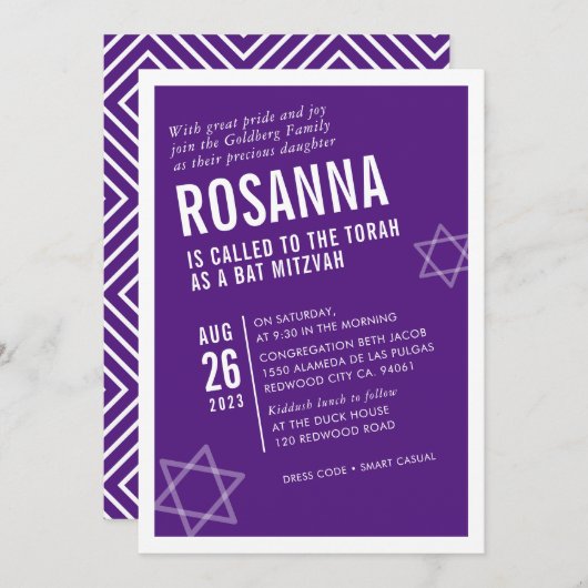 BOLD BAT MITZVAH lila Einladung (Vorne/Hinten)