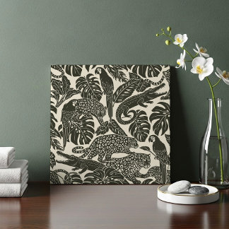 Bold Black and Cream Tropical Jungle Animals Fliese