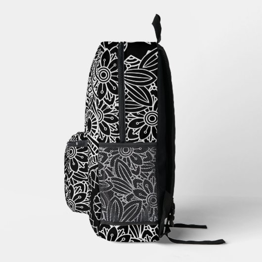Bold Black and White Floral Crazy Mandala Bedruckter Rucksack (Rechts)