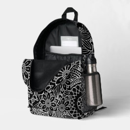 Bold Black and White Floral Crazy Mandala Bedruckter Rucksack