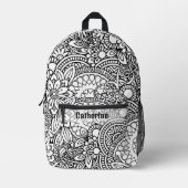 Bold Black and White Floral Crazy Mandala Bedruckter Rucksack (Vorderseite)