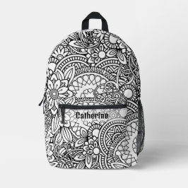 Bold Black and White Floral Crazy Mandala Bedruckter Rucksack