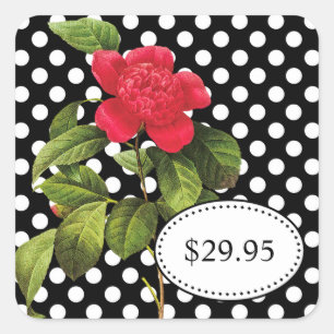Bold Black and White Polka Dots Camellia Price Tag Quadratischer Aufkleber