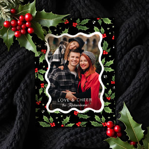 Bold Black Christmas Holly Wavy Frame Foto Feiertagskarte