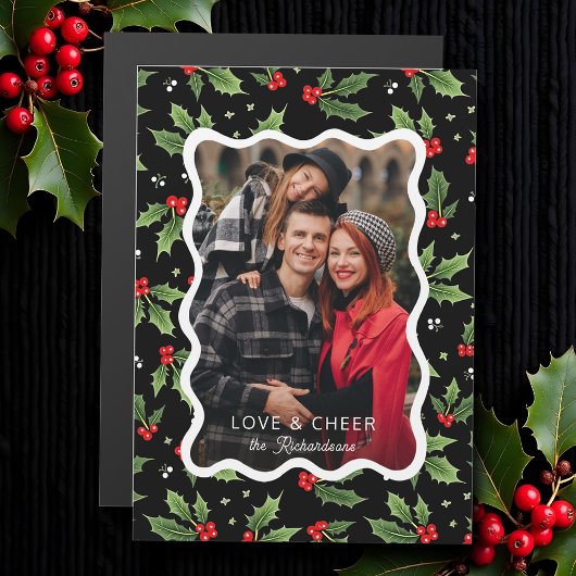 Bold Black Christmas Holly Wavy Frame Foto Magnetkarte
