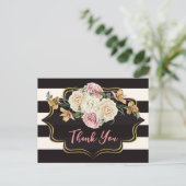 Bold Black, Elfenbeinstreifen, Florals Danke Postkarte (Stehend Vorderseite)