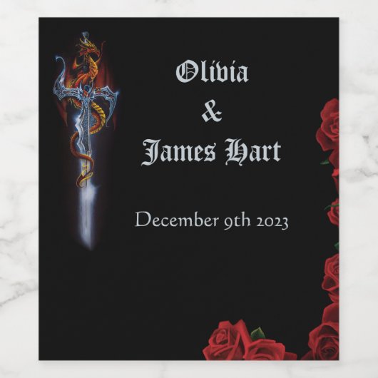 Bold Black Fantasy Dragon Sword Red Roses Weinetikett (Einzelnes Label)