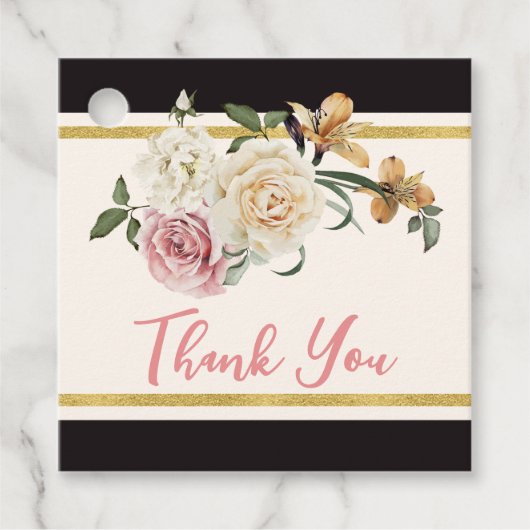 Bold Black, Ivory Floral Brautparty Danke Geschenkanhänger (Vorderseite)