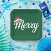 Bold Black Merry Christmas Santa Hat Pappteller (Party)