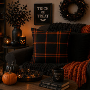 Bold Black Orange Scottish Tartan Modern Herbst Kissen
