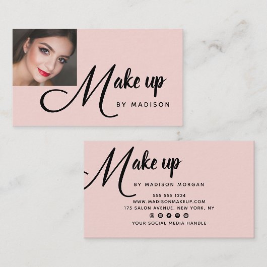 Bold Black Script Blush Pink Photo Makeup Business Visitenkarte