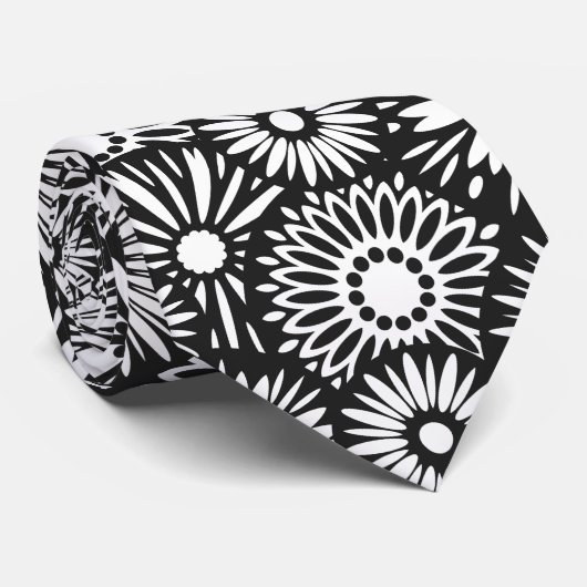 Bold Black White Retro 70s Graphic Daisy Pattern Krawatte (Gerollt)